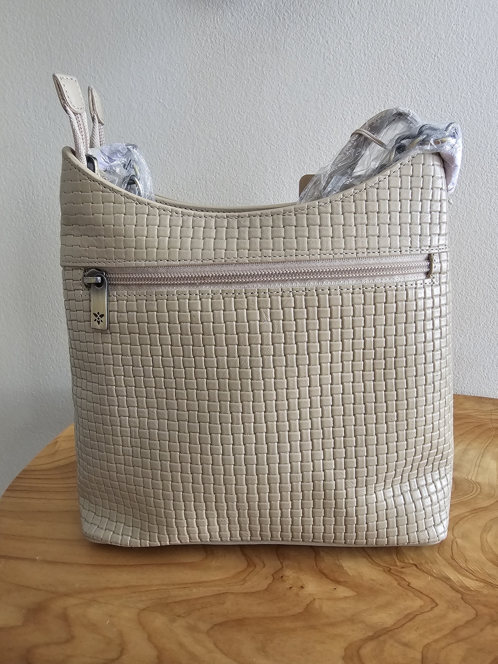 NWT Anna by Anuschka Heritage Leather Woven Shoulder Bag Taupe Cream Purse - Picture 6 of 10